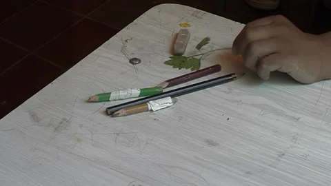 Child Moving Pencils and Leaf in Classroom Setting Vidéo 333646036
