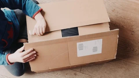 Child opening box with a child in it. Surprise Stock Footage 76020395