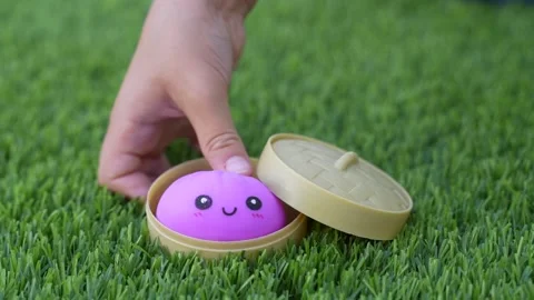 Child Opening a Container with a Cute Purple Dumpling Toy Vidéo 342662400