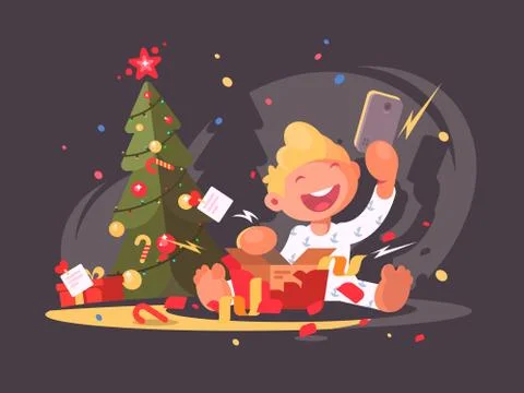 Child opens Christmas present. Stock Illustration