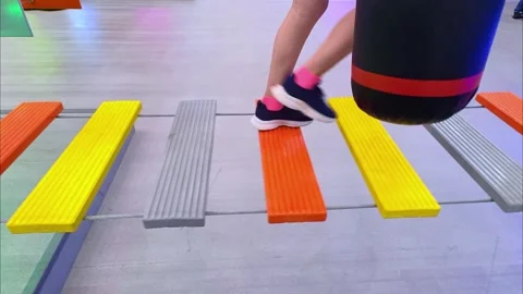 Child overcome obstacle course, make steps, entertainment in adventure rope park Stockbeeldmateriaal 301807958