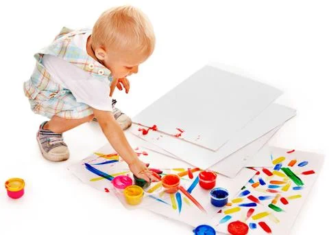 Child painting by finger paint. Stock Photos