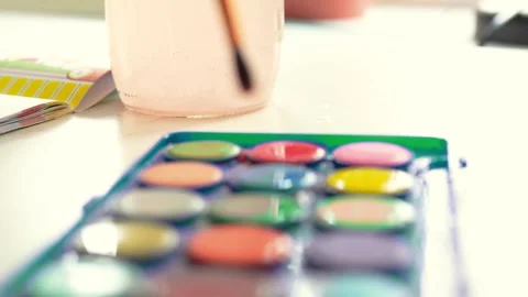 Child paints at class or home closeup. Children art and creativity concept. Stock Footage 301970166
