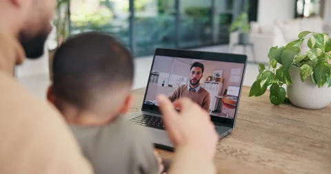 Child, parent and teacher on computer screen for home education or online Stock Footage 335189772