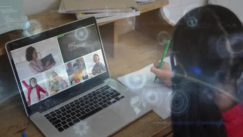 Child participating in online class with digital data processing animation Stock Footage 303589737