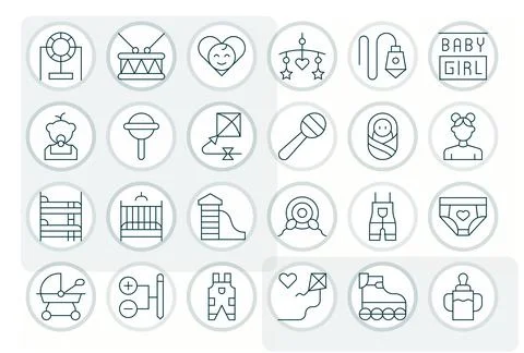 Child Pixel Aligned Vector Set with 24 128x128 Thin Line Icons Stock Illustration