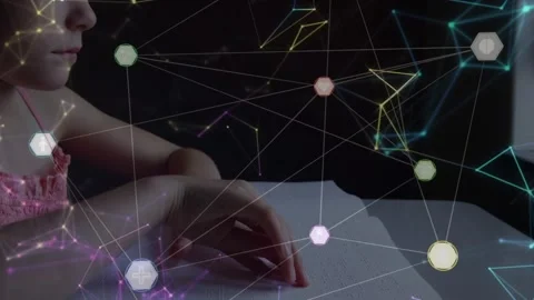 Child placing hands on table, activating node network with shield badges and 스톡 동영상 330227513