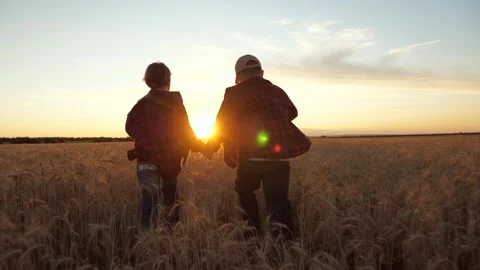 Child play wheat field, two child kid teenagers schoolchildren run through rural Stock Footage 314684901