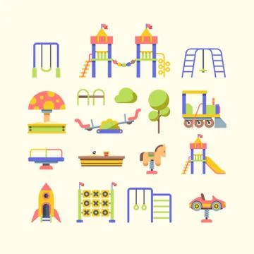 Child playground equipment flat vector illustrations set Stock Illustration
