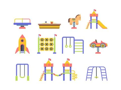 Child playground objects flat vector illustrations set Stock Illustration