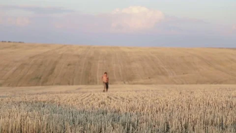 A child is playing in a cleaned field. Stock Footage