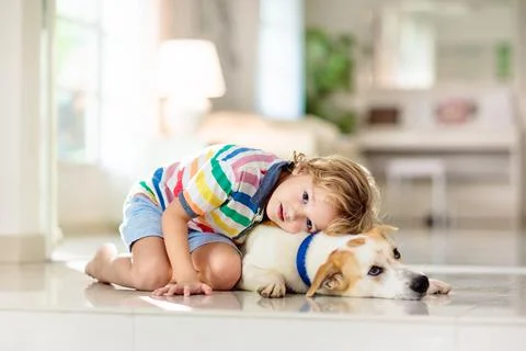 Child playing with dog. Kids play with puppy. Stock Photos