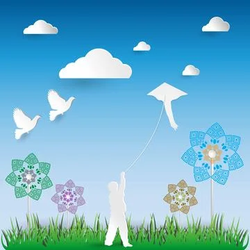 Child playing kite in the sky, Vector paper cut clouds イラスト素材