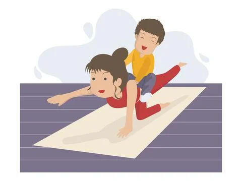 Child playing on mother's back while she's doing yoga exercise, playful kid ride Illustrazione stock