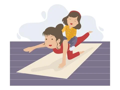 Child playing on mother's back while she's doing yoga exercise, playful kid ride Stock Illustration