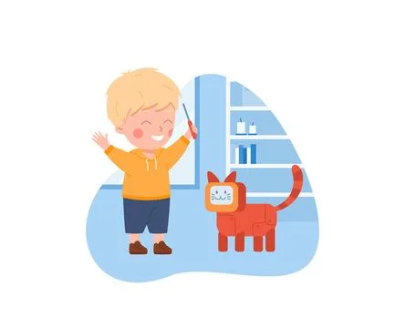 Child playing with robotic cat, flat vector illustration isolated on white. 스톡 일러스트
