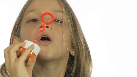 Child Playing Soap Bubbles, Happy Smiling Girl Blowing Balloons, White Screen Stock Footage 72379800