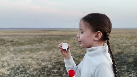 Child playing with soap bubbles in an open field, evening light adding a dreamy Stock Footage 312235367