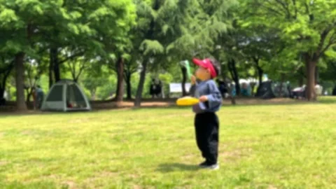 A child playing with soap bubbles in the park on a sunny day, blurring Stock Footage 241377732