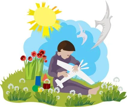 Child playing with a toy plane Stock Illustration