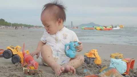 Child Playing with Toys on the Beach Vidéo 341142260