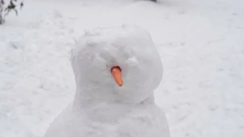 Child is playing on winter snowy day. Creating snowman with family on the urban Stock Footage 169496818