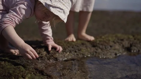 A child plays on the beach ocean in a puddle. Sunny day. Travel to the sea. Stock Footage 128143274
