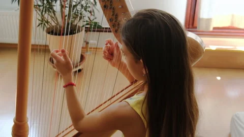 The child plays the harp. Selective focus. Stock Footage 195105495