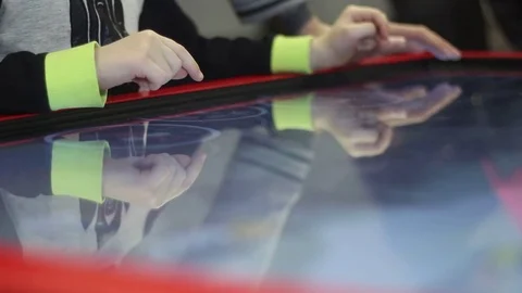 Child plays on a large touch tablet Stock Footage 81784569