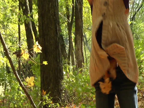 The child plays with leaf pile Stock Footage 22864731