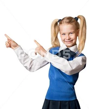 Child Pointing Finger to Advertisement, College Girl in School Uniform, white Stock Photos