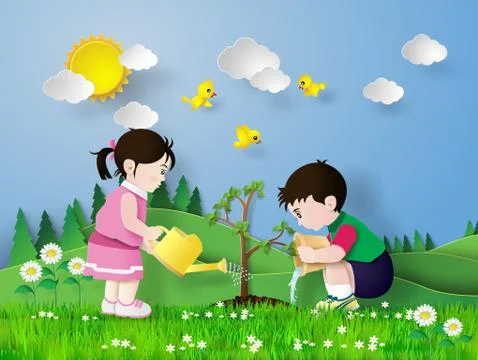 Child pouring water. Illustrazione stock