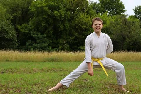 Child practices karate techniques in a grassy field near trees during daylight Stock Photos