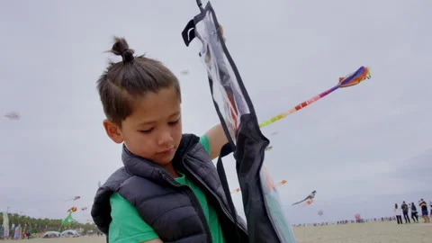 Child preparing kite before flight on beach Vídeos de archivo 334637335