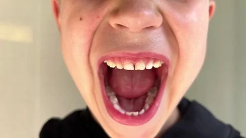 Child with primary teeth opens mouth wide, showing visible enamel changes Stock Footage 346153341
