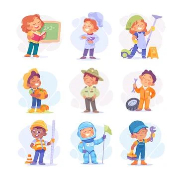 Child Profession Doing Different Job in Costume Vector Set Stock Illustration