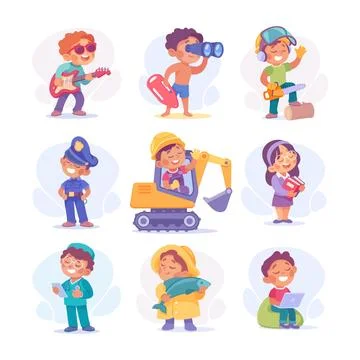 Child Profession Doing Different Job in Costume Vector Set Stock Illustration