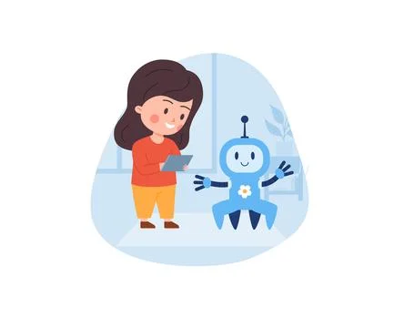 Child programming and launching a smart robot toy vector illustration isolated. Stock Illustration