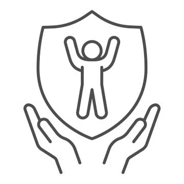 Child protection shield in human hands thin line icon, 1st June children イラスト素材