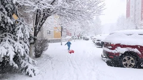 Child Pulling Red Sled on Snowy Residential Street During Heavy Winter Snowfa Foto stock