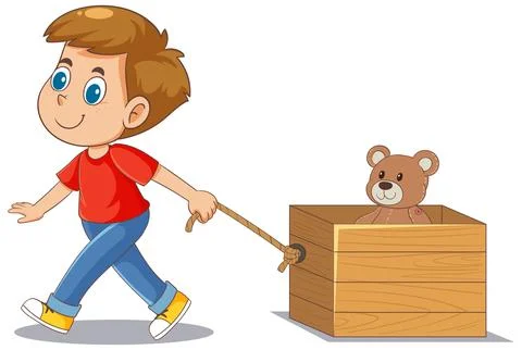 Child Pulling Toy Box with Teddy Bear Stock Illustration