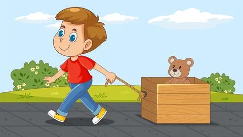 Child Pulling Toy Wagon with Teddy Bear Stock Illustration