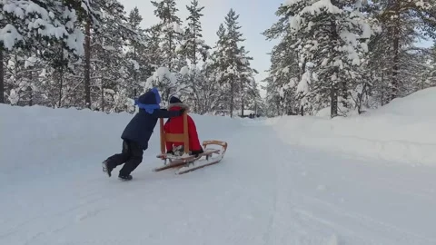 Child pushing sled through snowy forest. Stock Footage 301466908