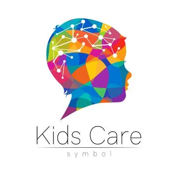 Child rainbow logotype in vector. Silhouette profile human head with brain Illustrazione stock