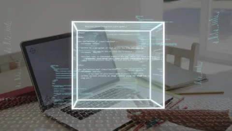 Child reaching toward laptop, touching keys, activating hologram cube showing Stock Footage 335739214