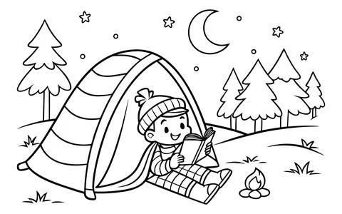 Child reading book inside tent at campsite at night with stars and campfire. Stock Illustration
