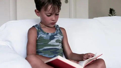 Child reading a book seated on the sofa  Stock Footage 138430016