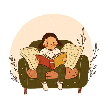 Child Reading a Book on a Sofa Stock Illustration