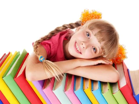 Child reading open  book on table. Stock-Fotos