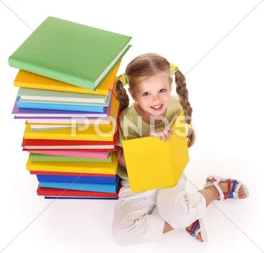 Child reading pile of books. Stock Photos
